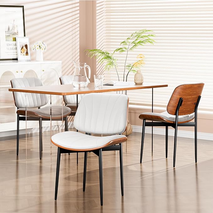 YaFiti Dining Chairs Set of 8, Dining Room and Kitchen Chairs, FSC Certified Mid Century Modern Accent Chair, Upholstered PU Leather Chairs for Vanity with Walnut Bentwood and Metal Legs, White