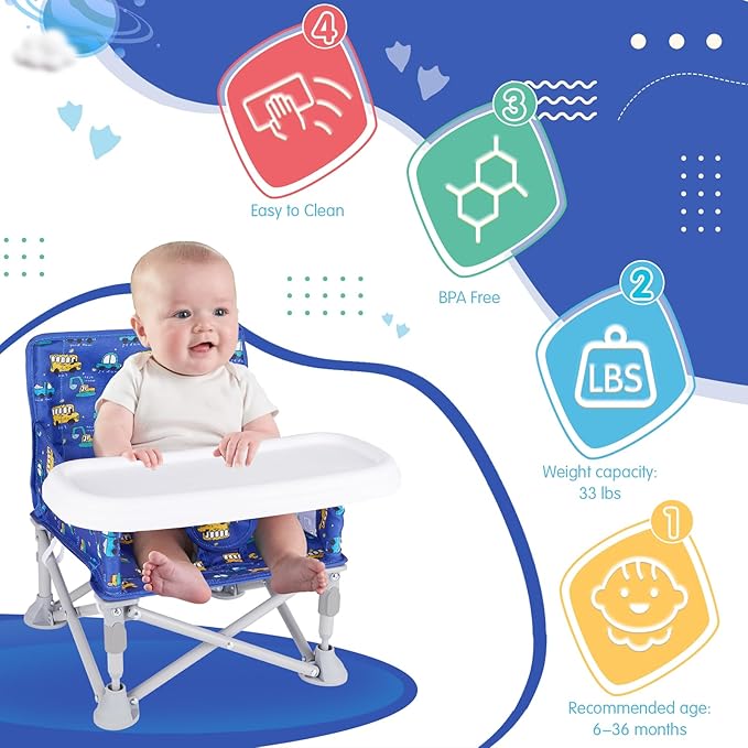 Furmubei Portable Baby Booster Seat with Tray, Toddler Booster seat for Dining, Camping, Travel, Baby Beach Chair 6 Months to 3 Years Old Indoor Outdoor Use CH2406