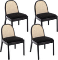 DUOMAY Mid-Century Modern Rattan Dining Chairs Set of 4, Wooden Dining Room Chair with Cane Backrest and Padded Seat, Black Sherpa Upholstered Dining Chair, Black Finish