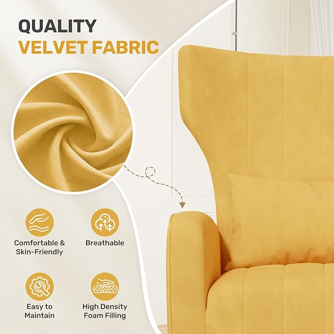 Nalupatio Modern Accent Chairs for Set of 2 Upholstered Velvet Fabric Reading Chair Mid Century Arm Chair Comfy Armchair for Living Room,Yellow