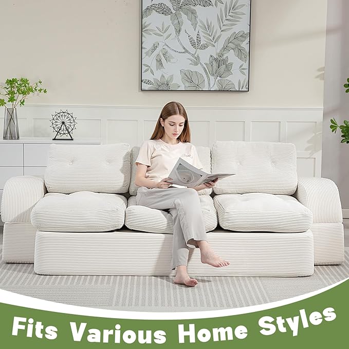 MeMoreCool Cloud Couch – 3-Seater Convertible Sofa Bed, Tufted Cushion, Corduroy, No Assembly, Beige Compact Floor Sofa | Foldable Boneless Design | Comfy Sleeper for Living Room & Small Spaces