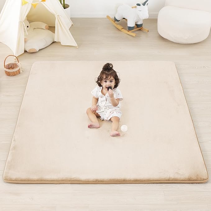 PAPAMAT 1.3" Thick Baby Floor Play Mat 50x50, Basic Padded Foam Mat for Tummy Time Crawling, Non Slip Cushioned for Babies Toddlers Infants Kids (Beige)