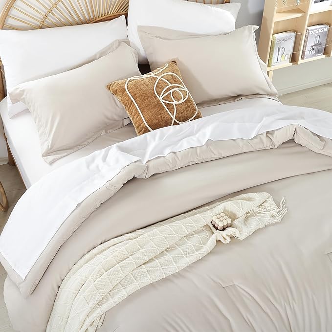 weigelia Queen Comforter Set 7 Pieces Beige Comforter Set Queen Size Bedding Set Soft Microfiber Comforter with Fitted Sheets, Flat Sheets, Pillow Shams, and Pillowcases