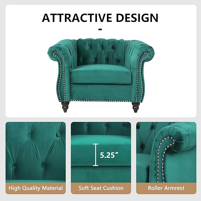 QHITTY Accent Chair, Chesterfield Chair Modern Velvet Upholstered Chair with Tufted Back for Living Room Furniture (Green)