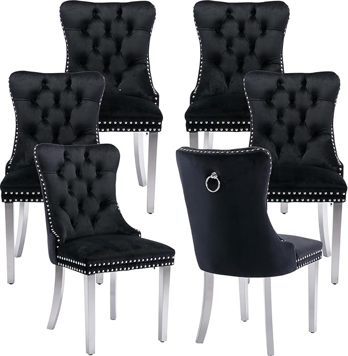 YeahFurn Mid Century Modern Dining Chairs Set of 6, Black Velvet Upholstered Tufted Back, Kitchen & Dining Room Chairs, Brushed Silver Metal Legs, Nailhead Trim, Sillas para Comedor (Black, 6 Pcs)