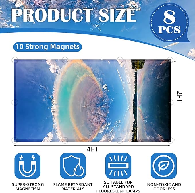 8 Pcs Fluorescent Light Covers - 4 x 2 Feet Covers for Ceiling Lights, Magnetic Light Filters for Classroom, Office, Hospitals, Home (Blue Sky - Rainbow)