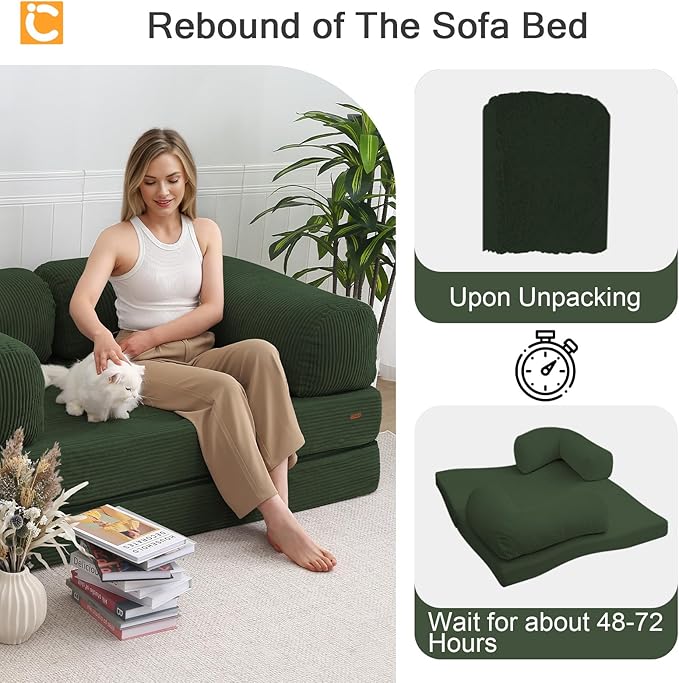 COMAX Futon Sofa Bed, 4-in-1 Floor Foldable Sofa Couch Bed with L-Shaped Armrests, Convertible Folding Chair Bed Sleeper Mattress Fold Out Lounge for Living Room Bedroom, Green