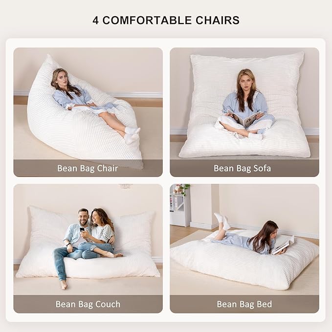 4 in 1 Giant Bean Bag Chair for Adults & Kids, 75” Beanbag Couch with High-Density Memory Foam Filling, Multifunctional Floor Sofa Lounger Suitable for Living Room Bedroom Apartment (Beige)