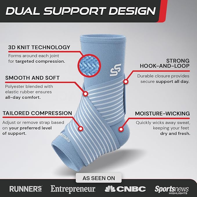 Sleeve Stars Ankle Brace for Women & Men, Ankle Wrap for Sprain, Compression Sleeve for Plantar Fasciitis Relief, Easy Customizable Support: w/ Removable Strap (Pair/M:10"-12"/Light Blue)