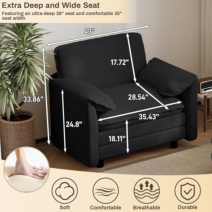 DAMAIFROM Oversized Chaise Lounge Chair Indoor with Ottoman, Firm Solid Wood Frame with Long Service Life Chenille Oversized Lounge Reading Chair for Study Room - Black