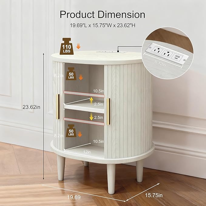 DHH Mid Century Modern Nightstand with Charging Station, Fluted Accent Side Table with Sliding Door & Adjustable Shelf, End Table for Small Space, Living Room, Bedroom,Sofa Couch(1, White)