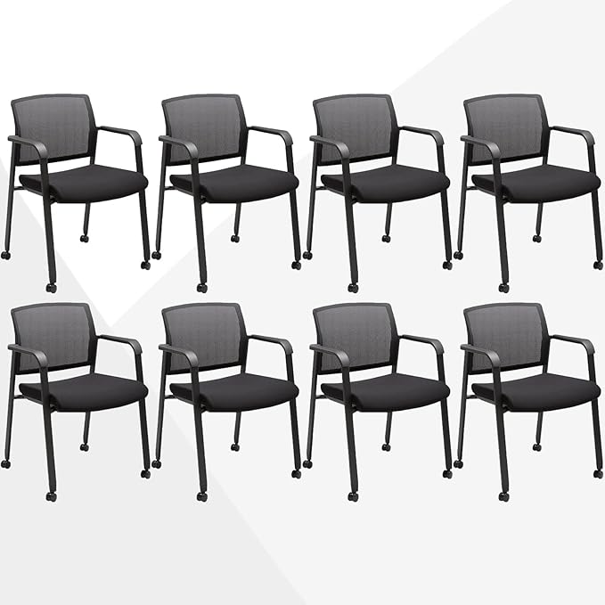 CLATINA Rolling Conference Chairs, 8 Pack Stackable with Wheels and Paddle, Ergonomic Mesh Back and Arms for Meeting, Conference, Training Room & Home Office (Black)