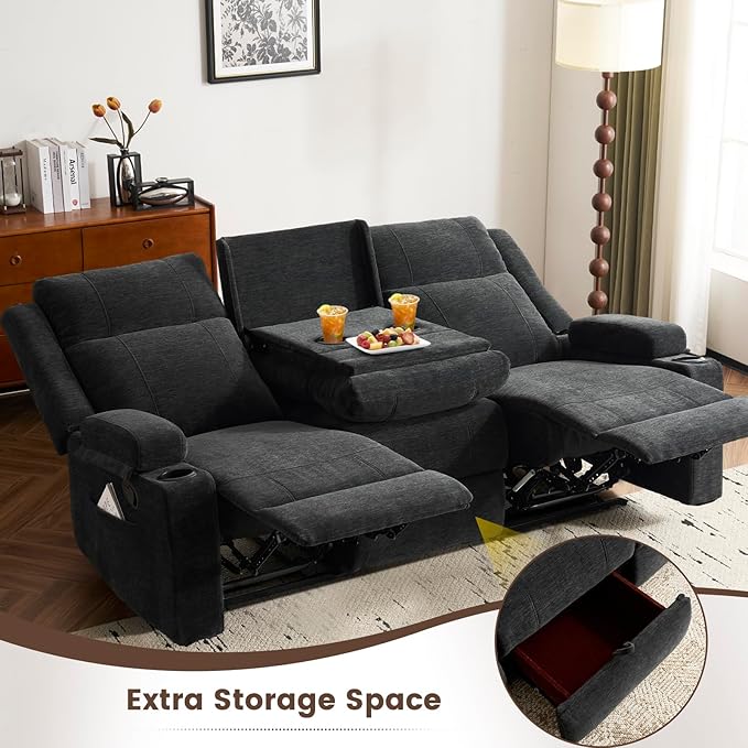 PALLOME Chenille Reclining Sofa 3-Seater with Convertible Table, Storage Ottoman & Cup Holders | Modern Space-Saving Couch, Ergonomic Living Room Furniture (Black)