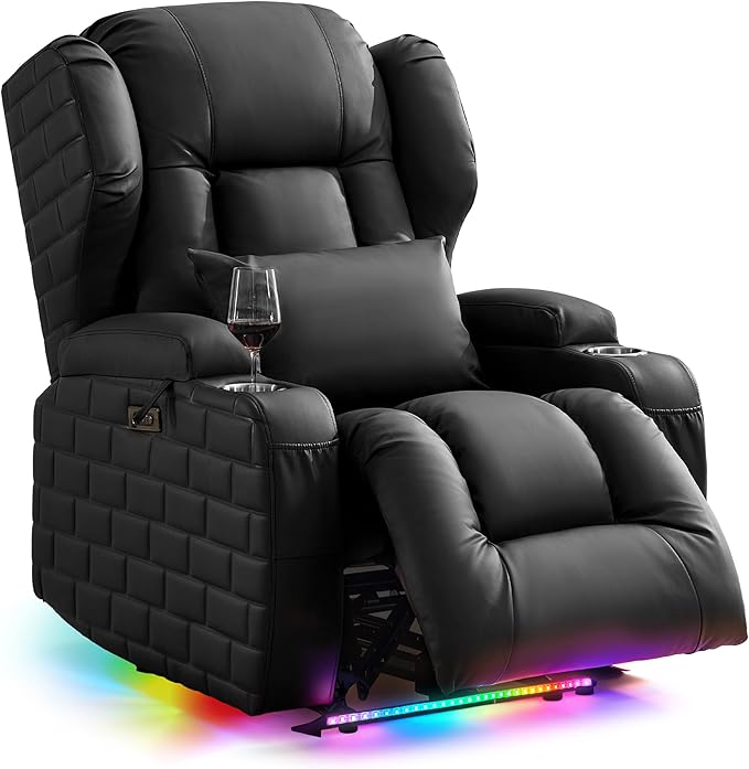 Wall Hugger Power Recliner Chair with Heat and Massage, Overstuffed Reclining Sofa Chair for Living Room Home Theater RV with 3-Side LED Lights/Cup Holders/USB & Type C Port (Black)