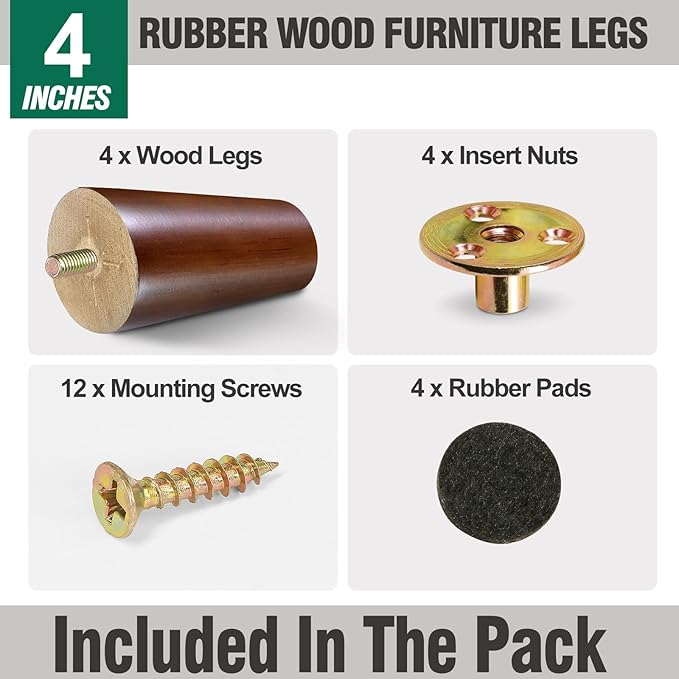FoDau770 Brown Rubber Wood Furniture Legs 4 Inches, Slant Tapered Wood Feet Mid Century Sofa Legs Set of 4, 5/16" UNC Furniture Feet Replacement Parts for Cabinet Couch Dresser Chair Ottoman Table