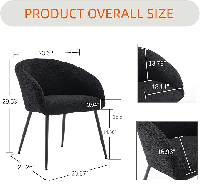 Modern Small Accent Chair Set of 2, Comfy Sherpa Makeup Vanity Chair with Metal Legs, Decorative Chair no Wheels for Living Room, Dressing Room, Bedroom, Black