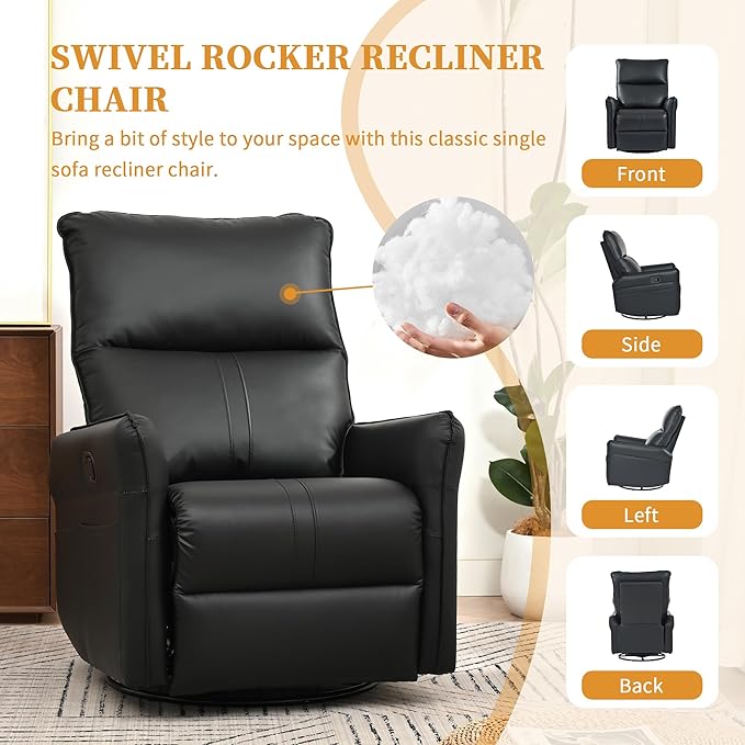 QKFF Swivel Rocker Recliner Chair, Upholstered 360° Fabric Leather Glider Rocker Chair for Nursery, Manual Small Recliners for Small Spaces Living Room Weight Capacity 300lbs