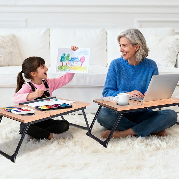 Adjustable Wooden Lap Desk with Flexible Stand, Natural Oak Color, Portable Workstation with Cable Management, Ergonomic Design for Home Office (Wood)