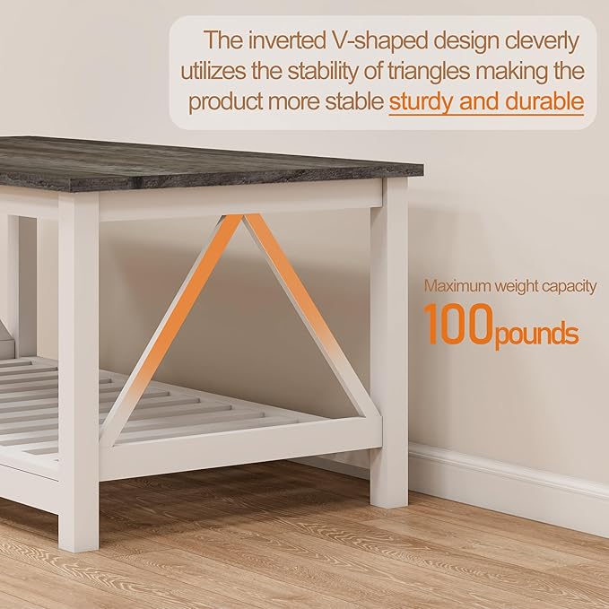 UYIHOME Farmhouse Coffee Table, White OakCoffee Table for Living Room, 2-Tier Rectangular Wooden Centre Cocktail Table with Slats Shelf Storage and V-Shaped Frame Modern Coffee Table Dark Oak