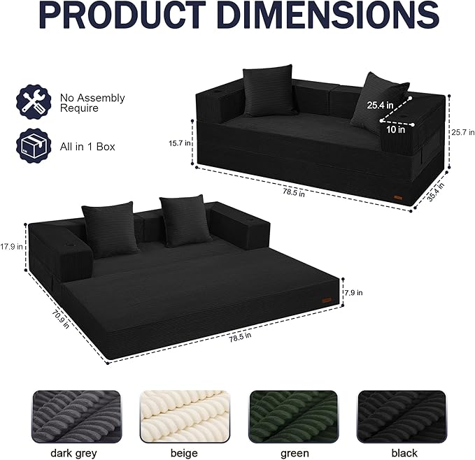 COMAX Futon Sofa Bed Queen, 79" Convertible Sofa Bed Couches for Living Room, 4 in 1 Folding Boneless Sleeper Corduroy Couch Loveseat Foam In a Box, Foldable Comfy Lounge Fold Out Floor Mattress Black