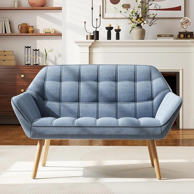 48" Small Couches for Living Room for Small Space, Mid Century Modern Loveseat with Wood Legs 2-Seat Chenille Upholstered Sofa Tufted Couches, Blue