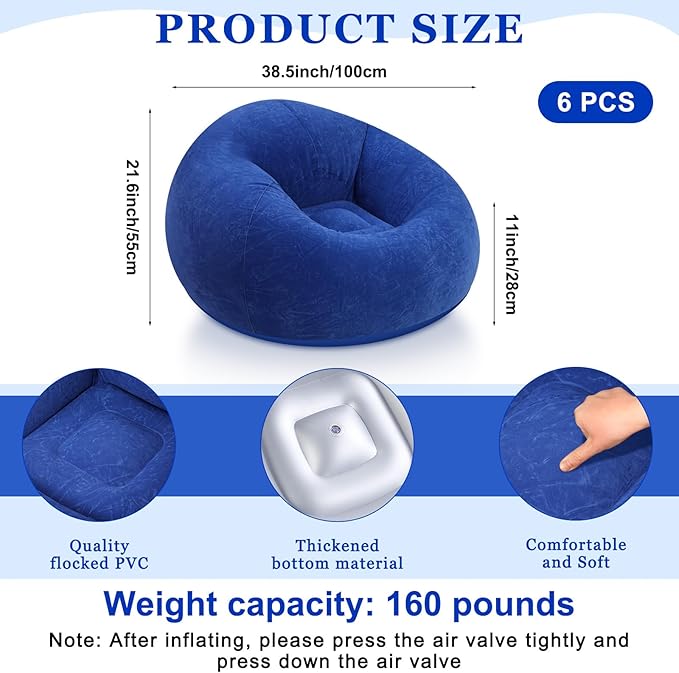 Realspring 6 Pcs Inflatable Bean Bag Chairs for Adults with Electric Air Pump, Blow up Couch Folding Portable Inflatable Couch Lazy Sofa for Outdoor Movie Nights Camping Room (Dark Blue)