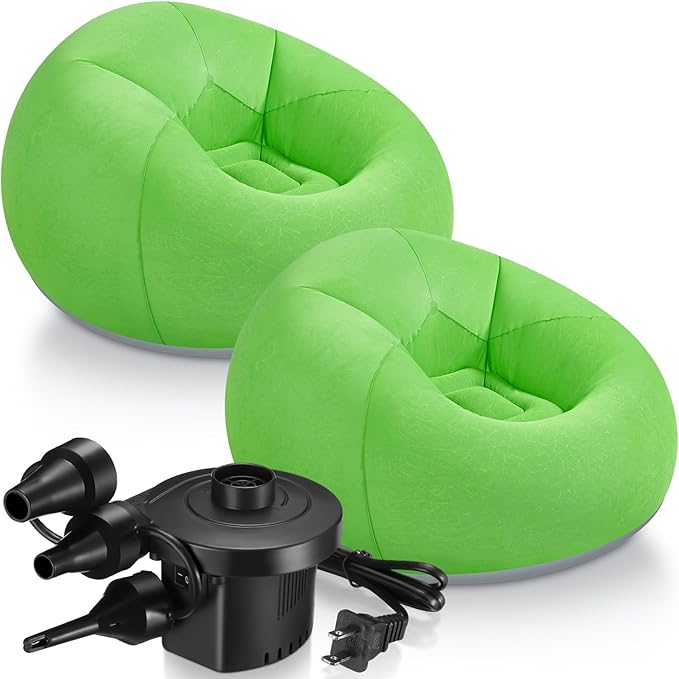 Realspring 2 Pcs Inflatable Bean Bag Chairs with Electric Air Pump Outdoor Blow up Chair Inflatable Lazy Sofa Folding Portable Loungers Couch for Living Room Bedroom(Green)