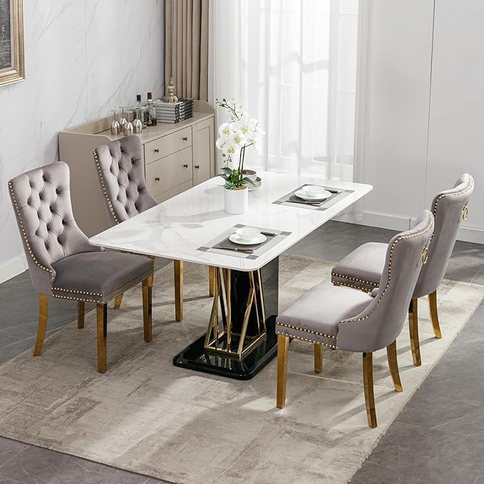 YeahFurn Mid Century Modern Dining Chairs Set of 4, Grey Velvet Upholstered Tufted Back, Kitchen & Dining Room Chairs, Gold Metal Legs, Nailhead Trim, Sillas para Comedor (Gray, 4 Pcs)