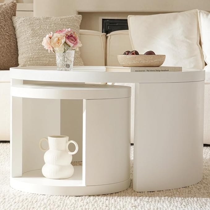 FAME HOME Round Nesting Coffee Table Set of 2,31.5" Large & 18" Small Low Tables with Wood Look Top,Space-Saving Side Tables for Living Room,Bedroom,Office,Minimalist Center Table Set (White, L+S)