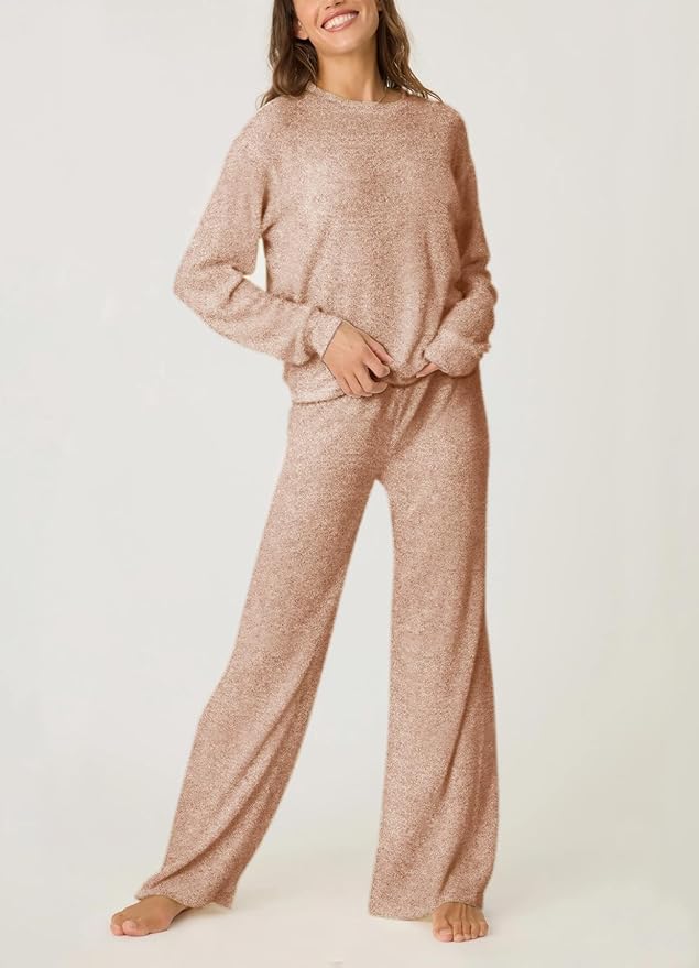 Aamikast Women's 2-Piece Lounge Set Soft Brushed Jersey Sleepwear Pajamas Set Long Sleeve Top & Wide Leg Pants