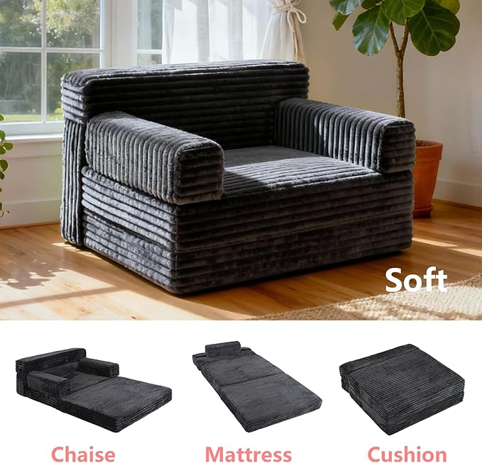 Folding Sofa Bed,Convertible Sofa Bed with Armrest Foldable Sleeper Chair, Portable Folding 4-in-1 Floor Sofa with Convertible Lounge Chair for Living Room,Bedroom,Washable Cover,Black Single