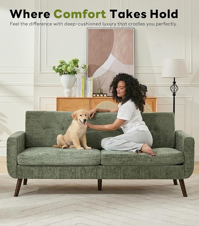 Tbfit 77.2" W Linen Sofa Couch, Mid Century Modern Decor Loveseat Couches for Living Room, Button Tufted Upholstered Small Couch for Bedroom, Solid, and Easy to Install Love Seats Furniture, Green | linen fabric, button tufted, solid wood foot, pocket ...