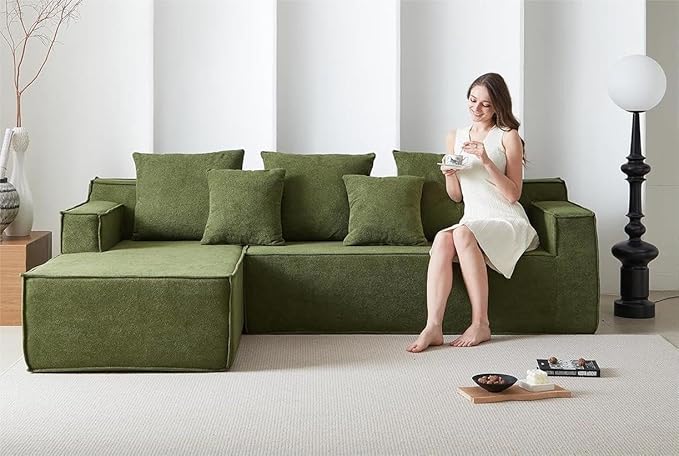 Swbvs L-Shape 7-Seater Sofa,Upholstered Couches for Living Room Bedroom,No Assembly,Green