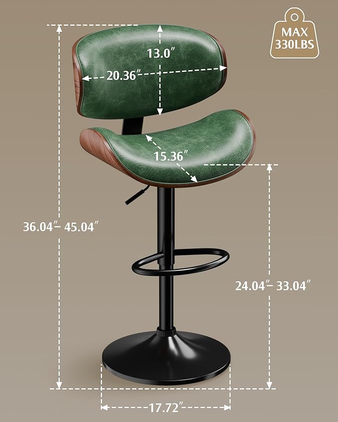 Aowos Bar Stools Set of 2, Adjustable Swivel Leather Bar Stools for Kitchen Island, Mid Century Modern Counter Height Bar Chairs Barstools with Back & Footrest (Green)