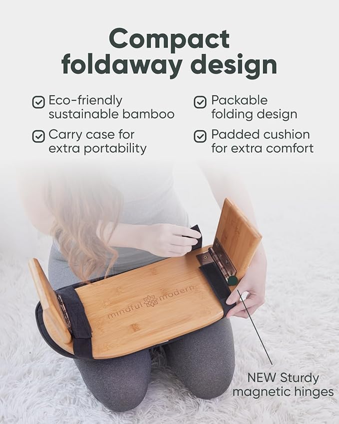 Mindful Modern Folding Meditation Bench - Bamboo Kneeling Stool w/Locking Magnetic Hinges - Prayer Kneeler Seiza Chair w/Soft Pillow & Travel Bag