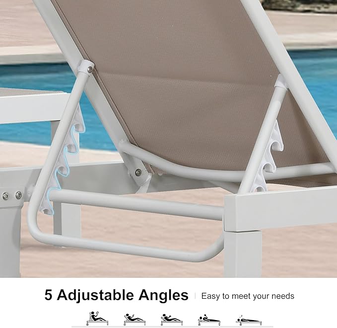PURPLE LEAF Outdoor Chaise Lounge Set Elderly-Friendly Straight Legs Adjustable Sunbathing Recliner with Side Table for Back Support Poolside Beach Patio Lounge Chairs Khaki