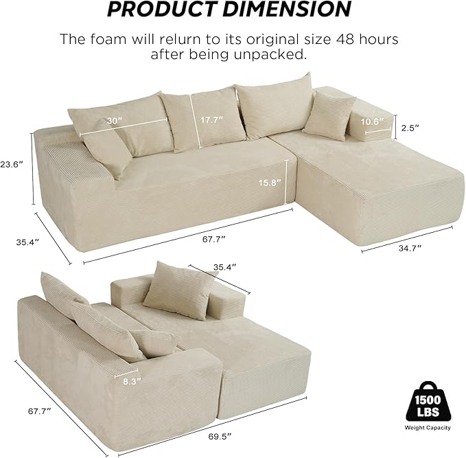 Sectional Cloud Boneless Couch for Living Room Bedroom, Comfy Modern L Shaped Modular Sofa with Right Facing Chaise, Deep Seat Memory Foam Couch in Box, No Assembly (Fine Striped Corduroy, Beige)