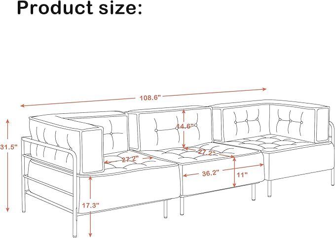 MCombo Modular Sofa Couch with Removable Cushion, Accent Sofa Chair, Upholstered Sofa for Living Room, Apartment, Office (Grey, Three Seats)