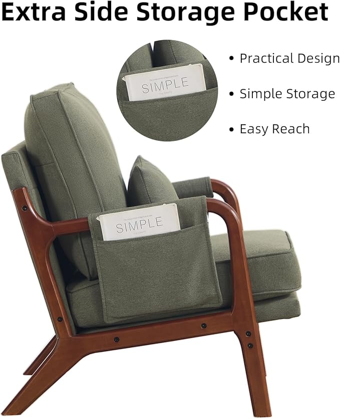 CANMOV Mid Century Modern Accent Chair with Extra Side Storage Pocket Upholstered Reading Armchair with Waist Cushion, Accent Chair for Living Room Bedroom, Easy Assembly, Green
