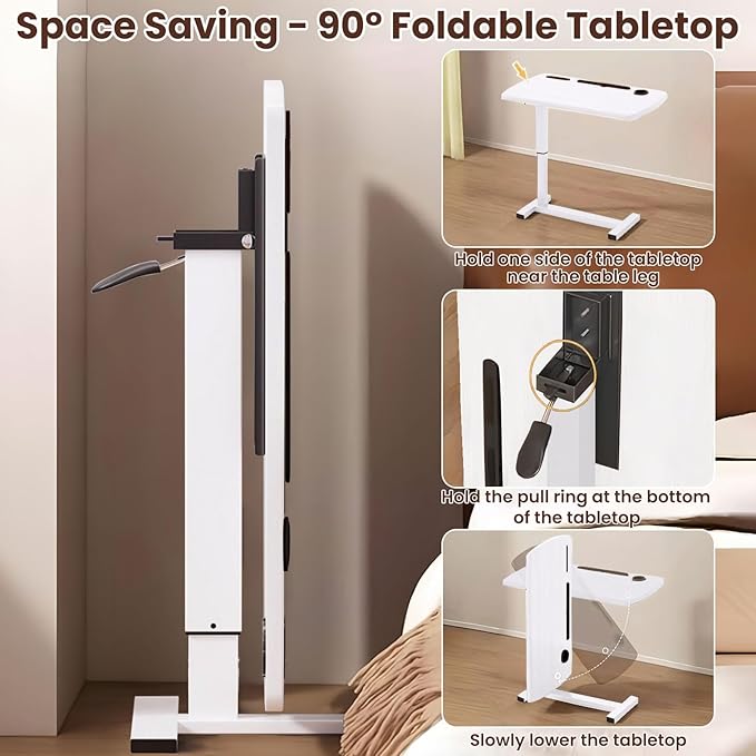 Overbed Table with Adjustable Height, Hospital Bed Table with Wheels, Rolling Bedside Table Pneumatic Mobile Standing Laptop Desk with USB Charging and Cup Holder
