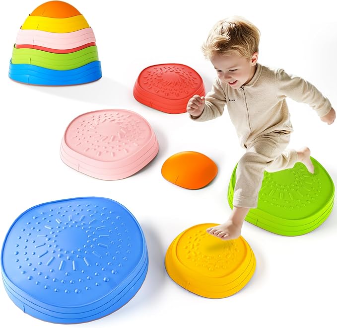 Oranmew Stepping Stones for Kids – Toddler Stepping Stones for Balance and Sensory Play, Non-Slip Indoor and Outdoor Balance Toys for Boys and Girls Age 3+, Stackable 6 Pcs Set
