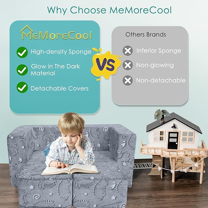 MeMoreCool Dinosaur Glow Foam Kids Play Couch Set, Gray Modular Sofa & Lounger – Glow-After-Light Dinosaur Pattern, Machine-Washable Cover