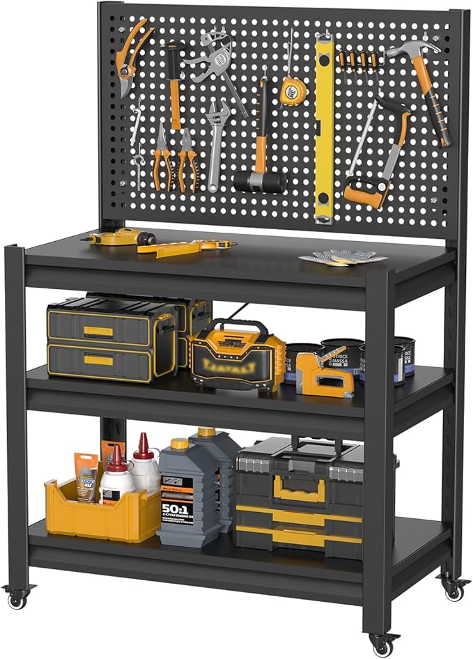 Work Bench with Pegboard,Heavy Duty 3000lbs Capacity Workbench with Wheels Adjustable Shelves,Tool Cart,Work Table for Garage Warehouse47.2 H*33.46" W*18" D