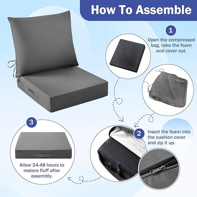 Outdoor Seat Cushion Set, Waterproof & Fade Resistant Patio Chair Cushions, Outdoors Cushion for Patio Furniture, 24 x 24 x 4 Inch, Outdoor Couch Cushions with Handle and Ties, Grey