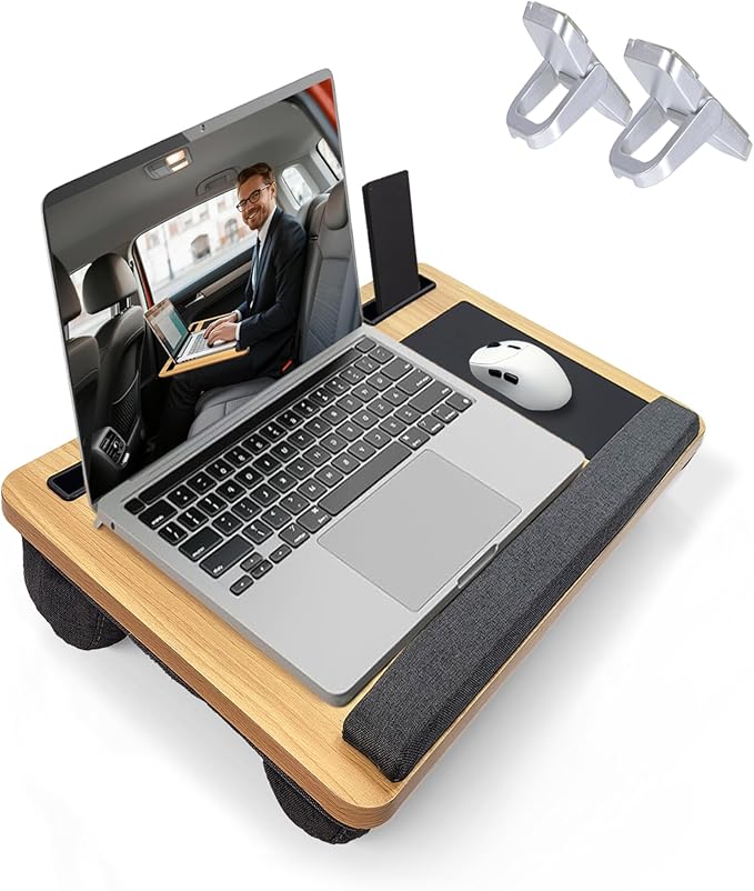 Lap Desk - Laptop Tray for Bed, Lapdesk with Cushion for Couch Sofa Fits up to 17” Laptop, Lap Table with Portable Handle,Tablet,Phone Slots,Mousepad with Foldable Metal Device Stand(Light Brown)