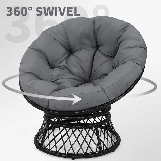 Kromax 40" Ergonomic Wicker Papasan Chair, 360° Swivel Round Egg Chair with Soft Thick Cushion, Indoor Outdoor Use for Living Room, Bedroom, Reading Room, Black Frame with Dark Grey Cushion