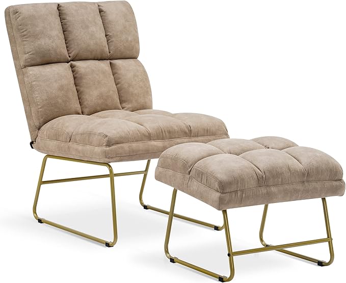 MCombo Accent Chair with Ottoman Set, Modern Armless Chair for Living Room, Bedroom, Small Space 4013 (Heat-Stamped Fabric, Beige)