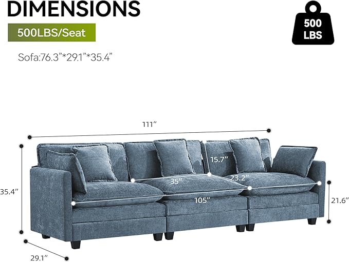 UMBFUN 3-Seater Cloud Couch, Oversized Modular Sectional Sofa with Deep Seat Soft Cushions, Comfy Chenille Couch for Living Room, Apartment & Family Space, Blue