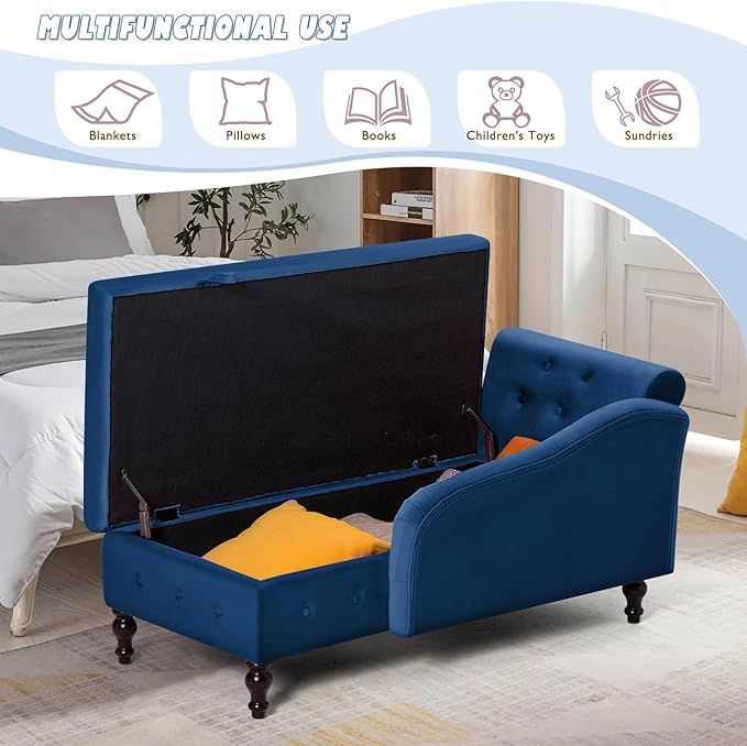 ACMEASE Upholstered Velvet Chaise Lounge with Left Armrest & Storage Space,Button Tufted Lounge Chair w/Lumbar Pillow,Modern Lounge Chair for Bedroom, Living Room and Office,Blue