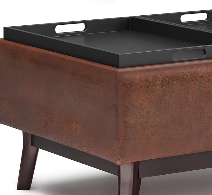 SIMPLIHOME Owen Tray Top Small Coffee Table Storage Ottoman - 34 inch Wide Upholstered Vegan Leather Rectangular Flip-Top Ottoman in Distressed Saddle Brown, Mid-Century Modern Ottoman for Living Room